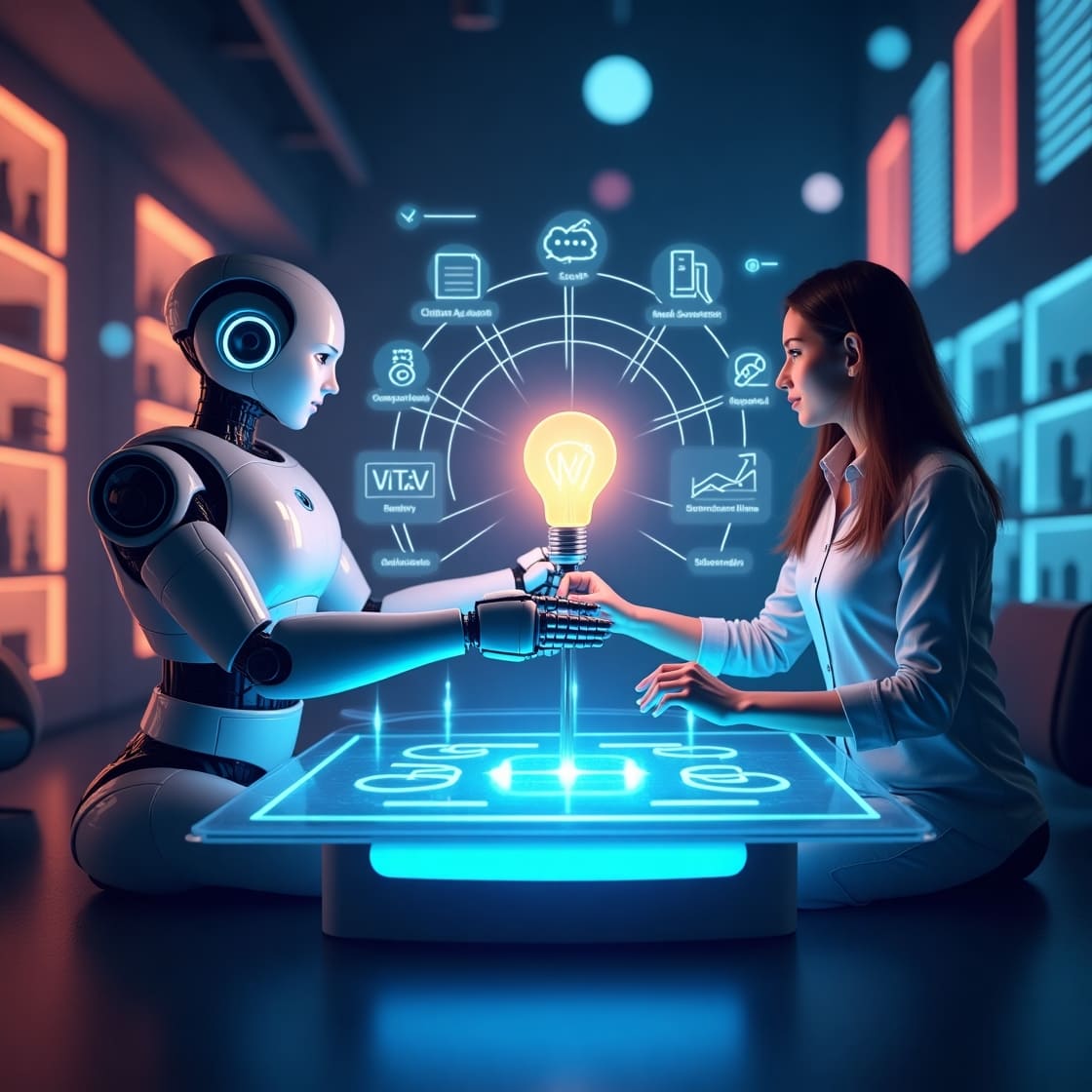 digital marketer collaborating with AI robot assistant using top AI tools like ChatGPT, Jasper.ai, Canva AI, SurferSEO, and Zapier