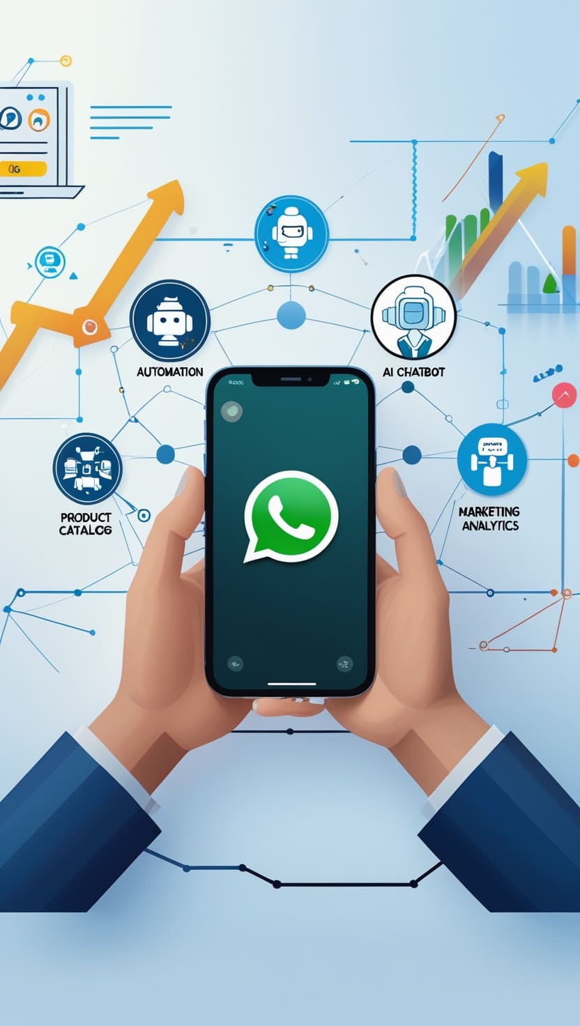 Smartphone displaying WhatsApp interface surrounded by digital icons of automation, AI chatbot, product catalog, and marketing analytics on a modern workspace.